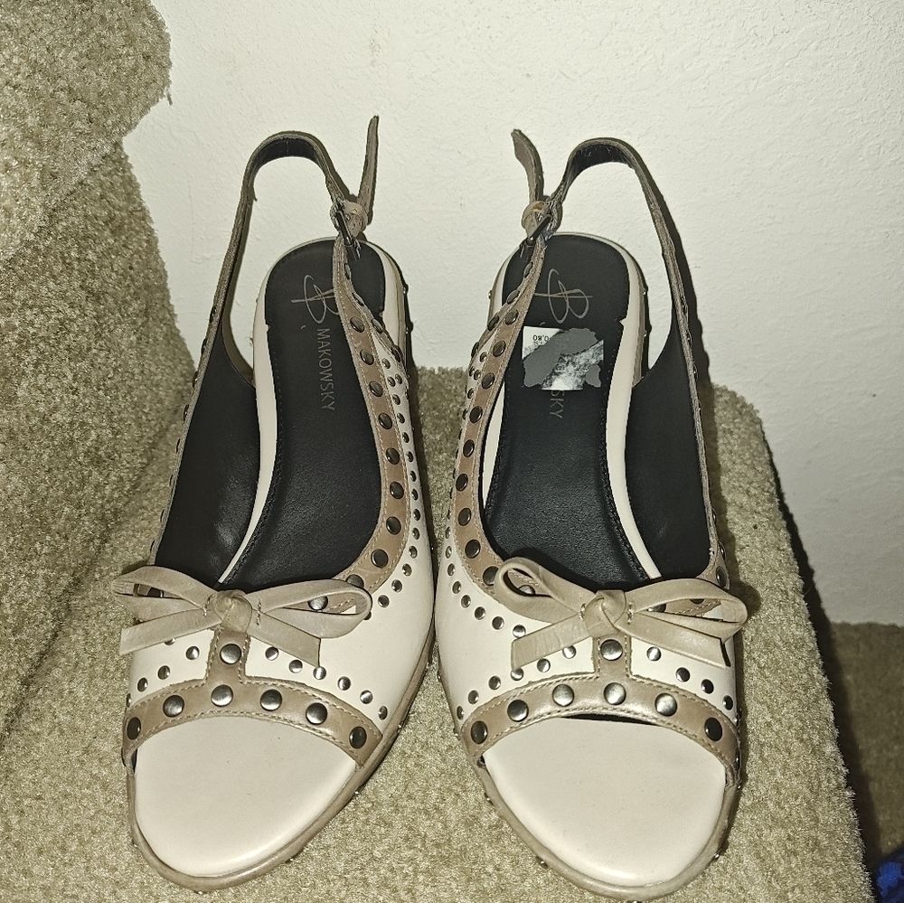 B Makowsky Sami Women's Deep Ivory/Brown Leather Peep Toe Sling Back Wedge